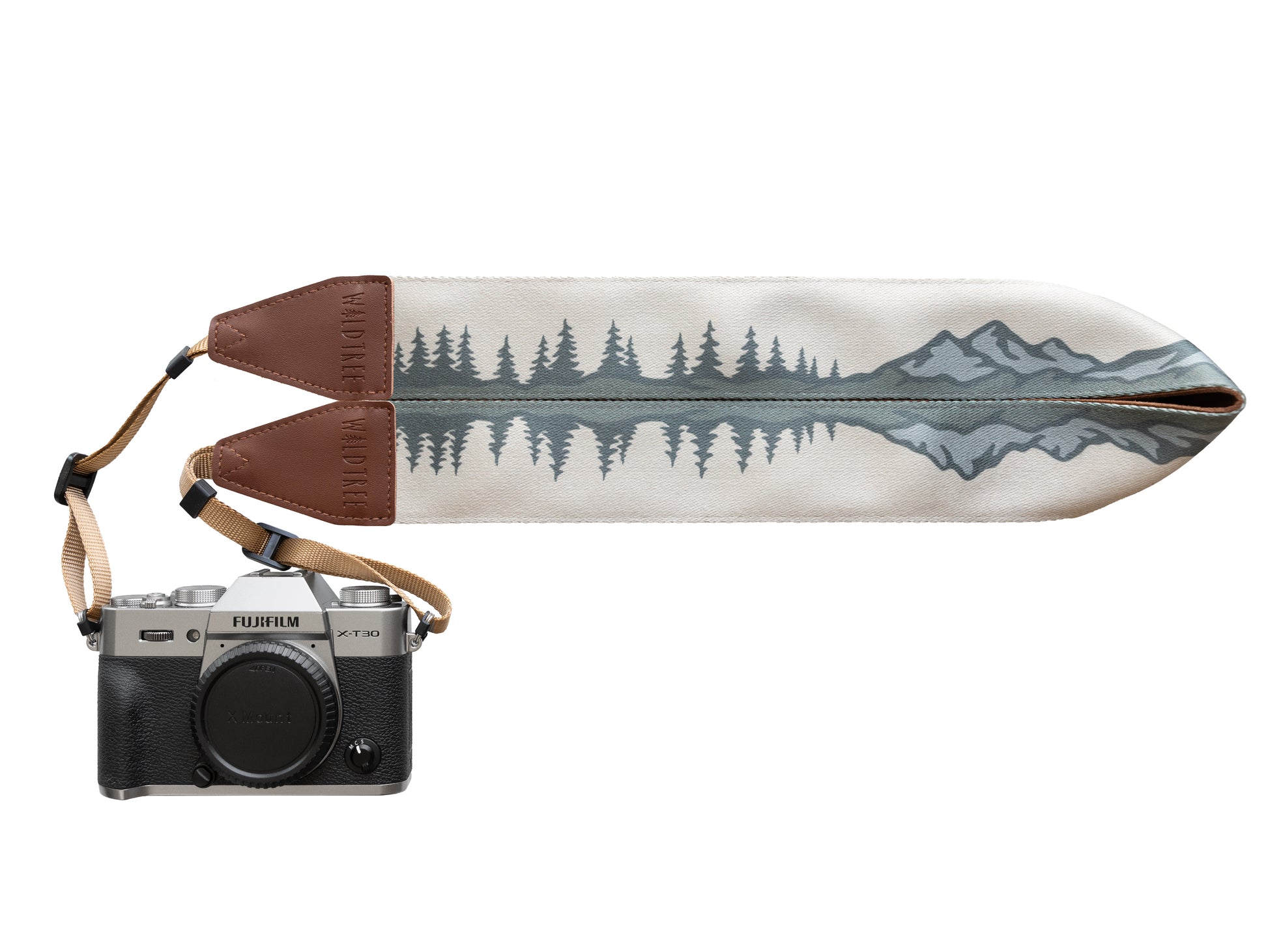 Wildtree Mountain and tree Camera strap featuring green trees and blue mountains