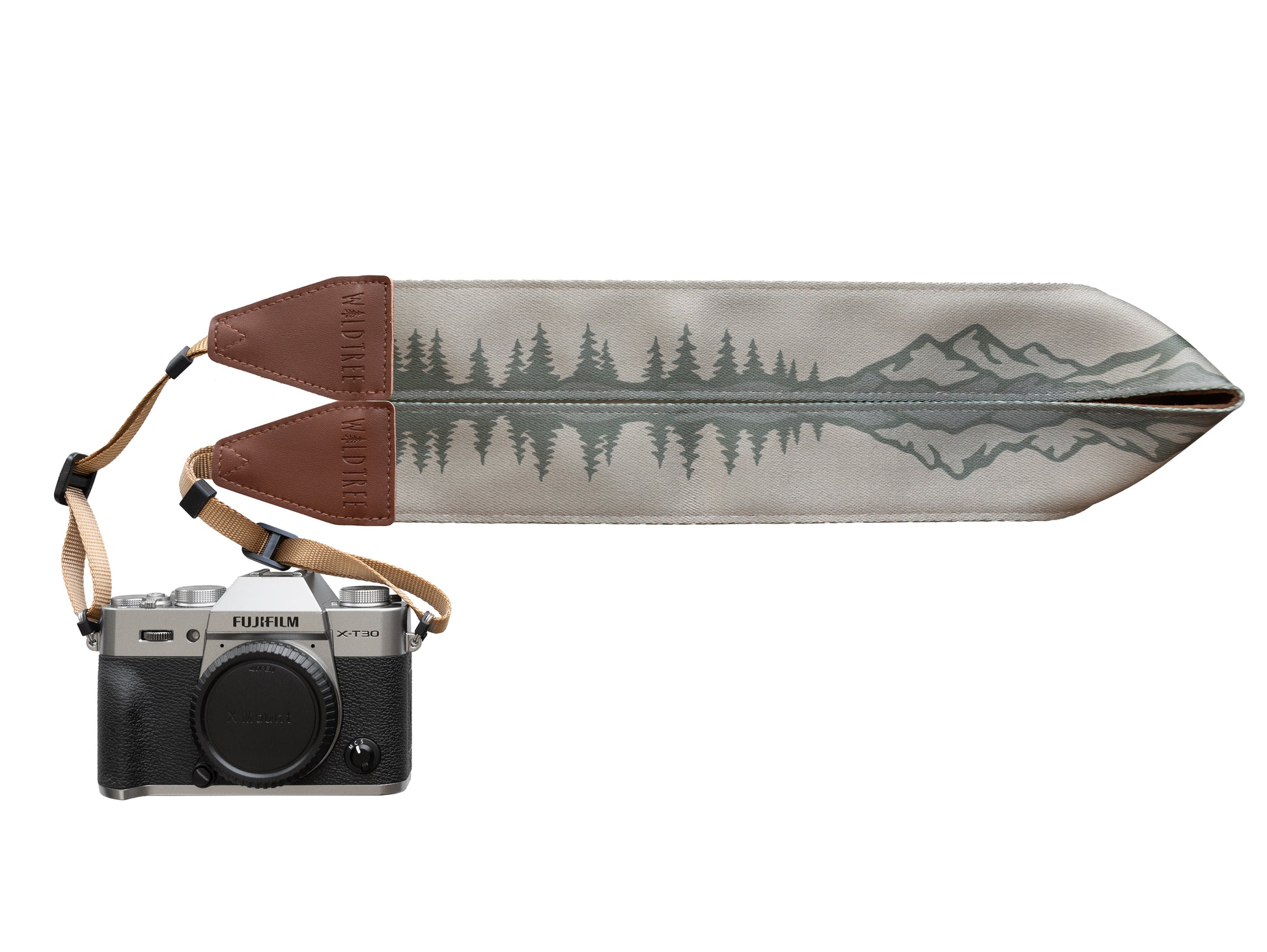 Wildtree camera strap printed with trees and mountains