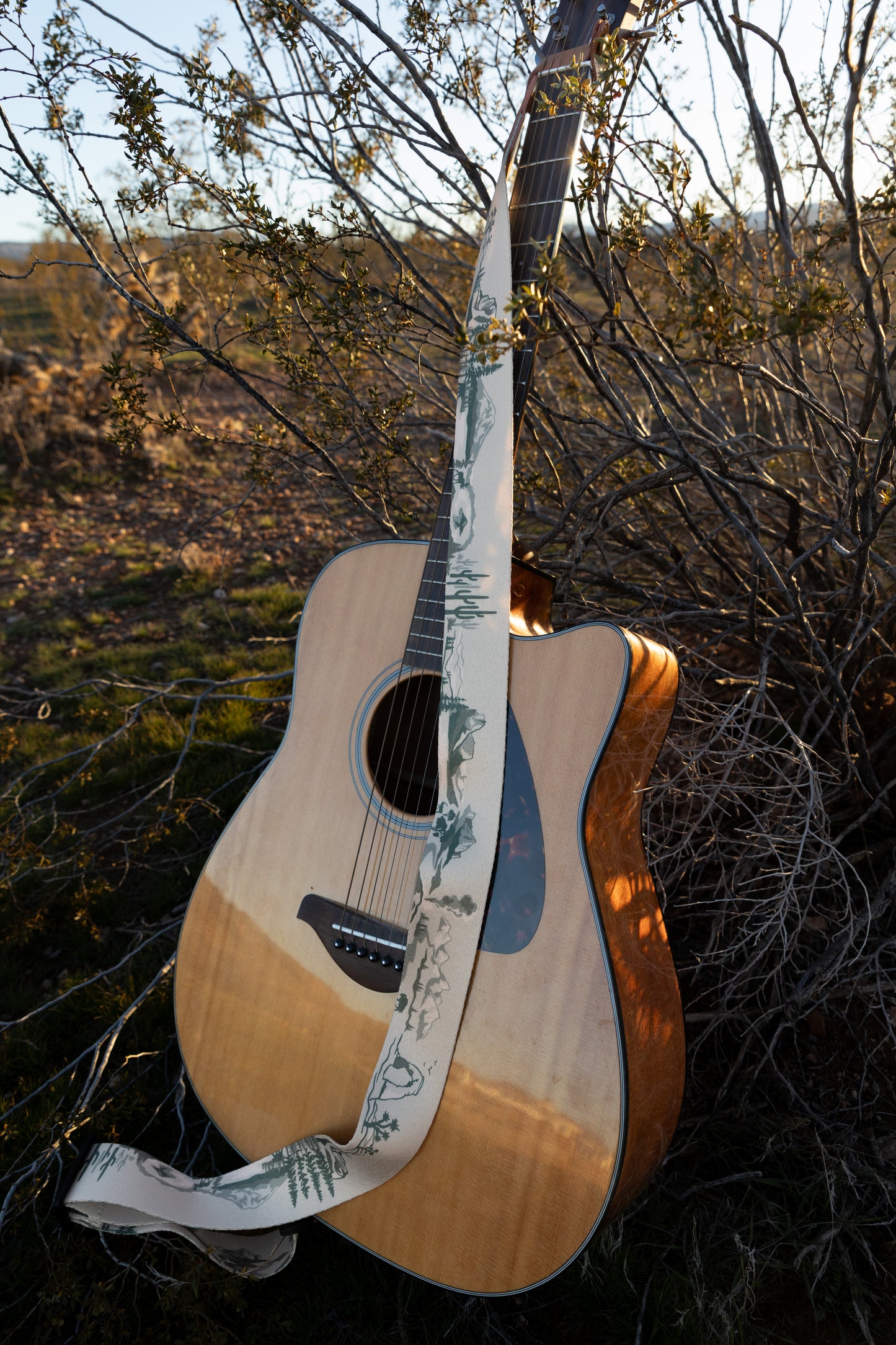 An acoustic-electric guitar leaning against a desert bush, showcasing the full length of the cream and green National Park strap draped over the body. The strap features distinct illustrations of cacti, mountains, and forests.