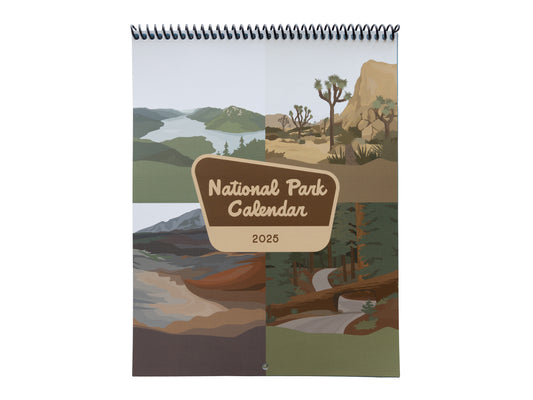 front cover of National park calendar for year 2025 featuring 4 illustrations from 4 months in the calendar. Words "National park calendar 2025" in center in shape of national park sign.