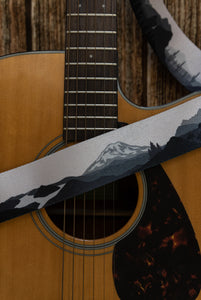 National Parks in black and white guitar strap featuring 18 US national parks