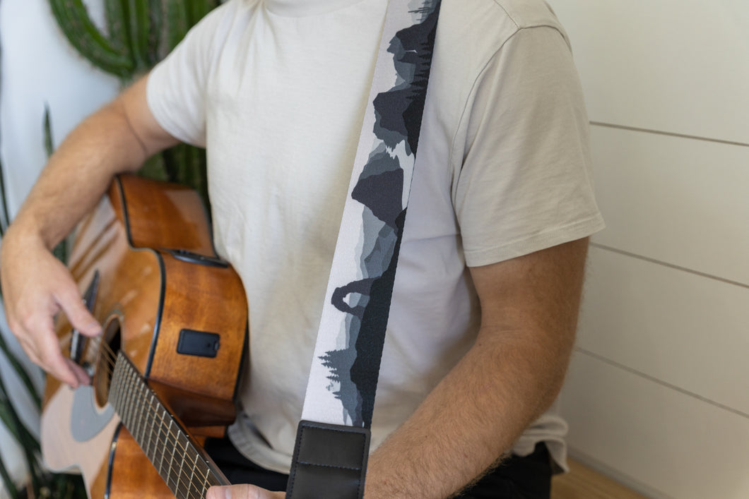 National Parks in black and white guitar strap featuring 18 US national parks