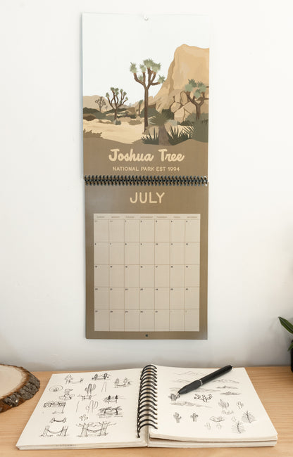 National park calendar 2025 inside layout hanging wall calendar Joshua tree NP illustration 