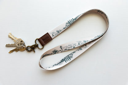 National park printed long lanyard attached to keys with white background