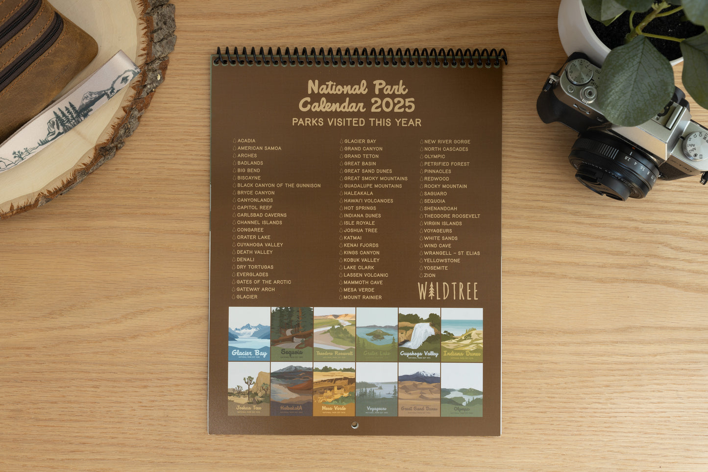 Back of National park calendar 2025. Parks visited this year. list of all national parks with spot to fill in. at bottom showcase all months illustrations