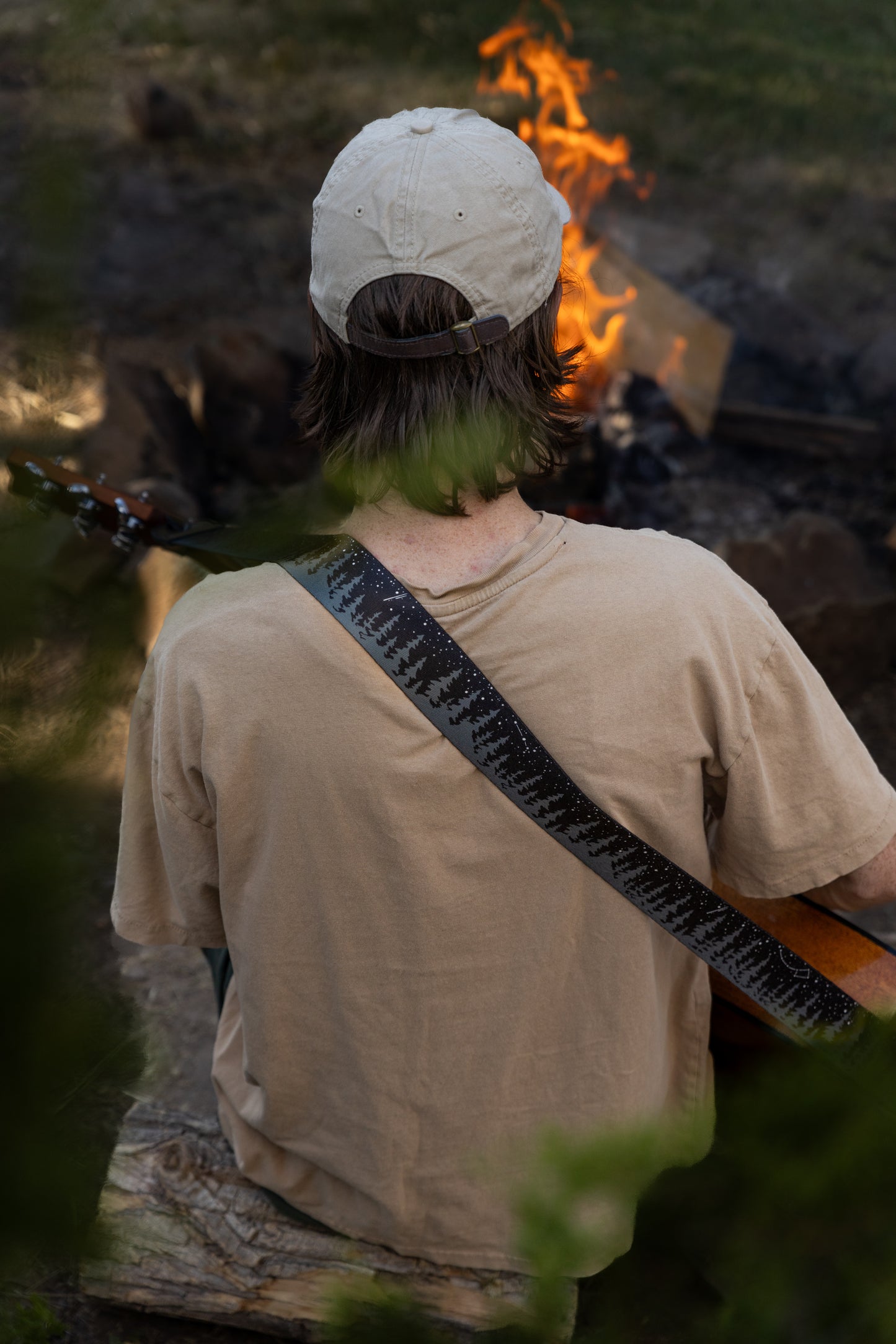 Night Sky guitar strap Trees and starry sky design outside around a campfire playing guitar