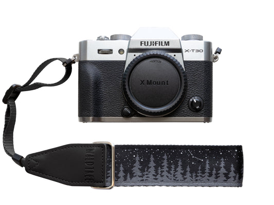 wildtree Night Sky Camera Wrist Strap black with stars and pinetree tree line attached to Film camera