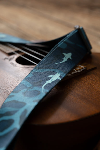 close up of sharks printed on ukulele strap