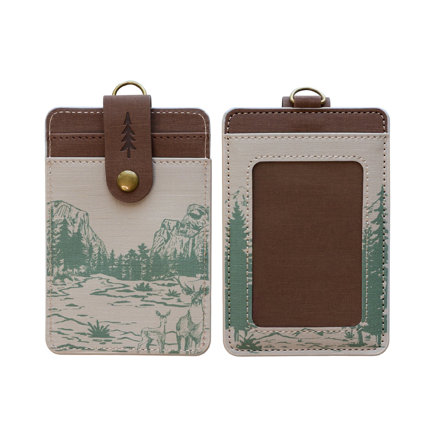 A flat-lay studio shot displaying the front and back layout of the cream Yosemite mountain ID badge holder isolated on a white background. It highlights the clean structure of the card pockets, window pane, and the small debossed pine tree on the brown snap strap.