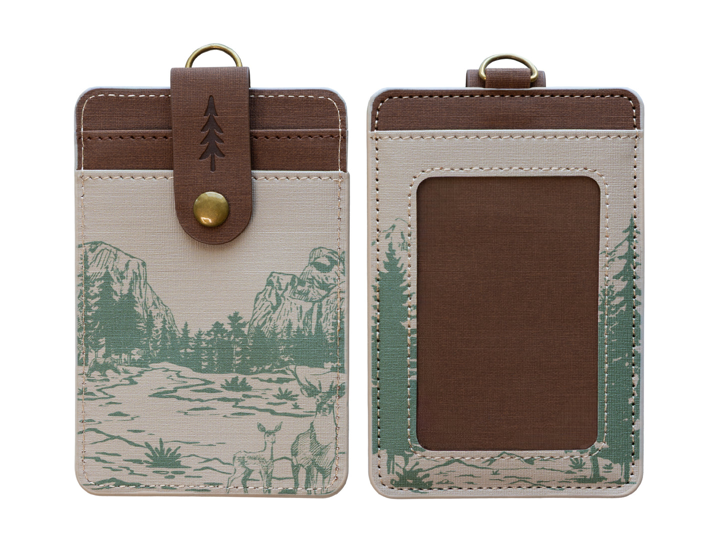 A flat-lay studio shot displaying the front and back layout of the cream Yosemite mountain ID badge holder isolated on a white background. It highlights the clean structure of the card pockets, window pane, and the small debossed pine tree on the brown snap strap.