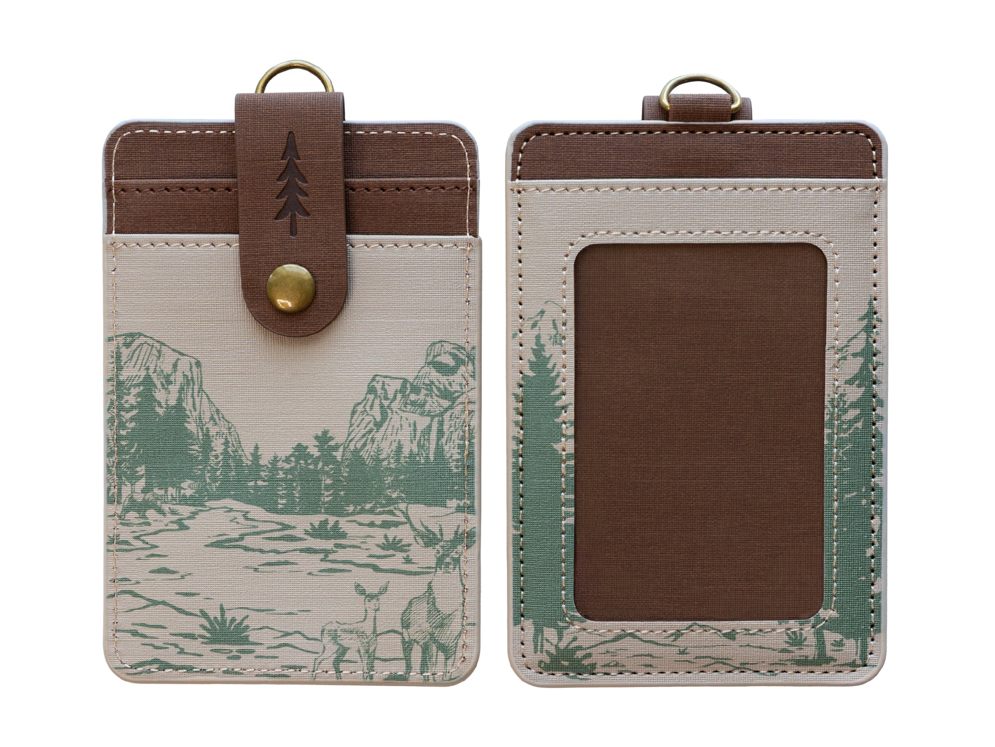 A flat-lay studio shot displaying the front and back layout of the cream Yosemite mountain ID badge holder isolated on a white background. It highlights the clean structure of the card pockets, window pane, and the small debossed pine tree on the brown snap strap.