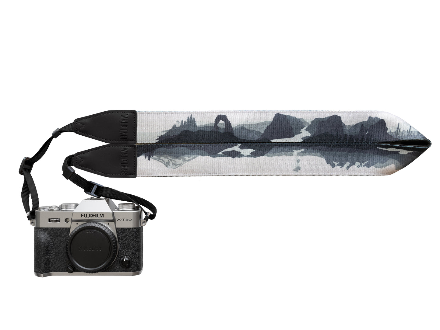 USA National parks camera strap by wildtree in black and white. features 11 national parks, black leather ends and backing