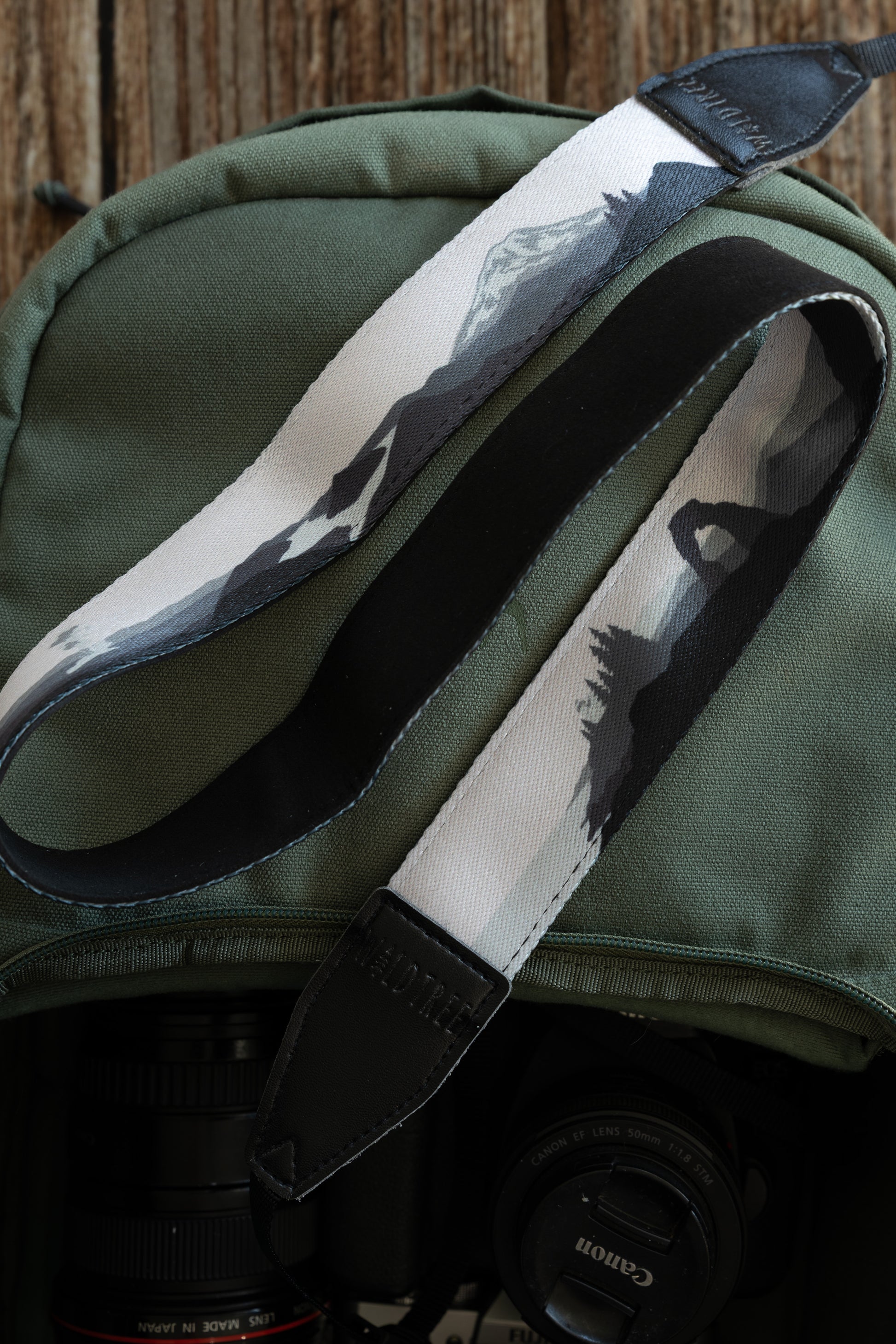 An overhead view of a grayscale national parks camera strap coiled on top of a green backpack. The illustration features various mountain ranges and rock formations. A camera and several lenses are tucked inside the open compartment of the bag.