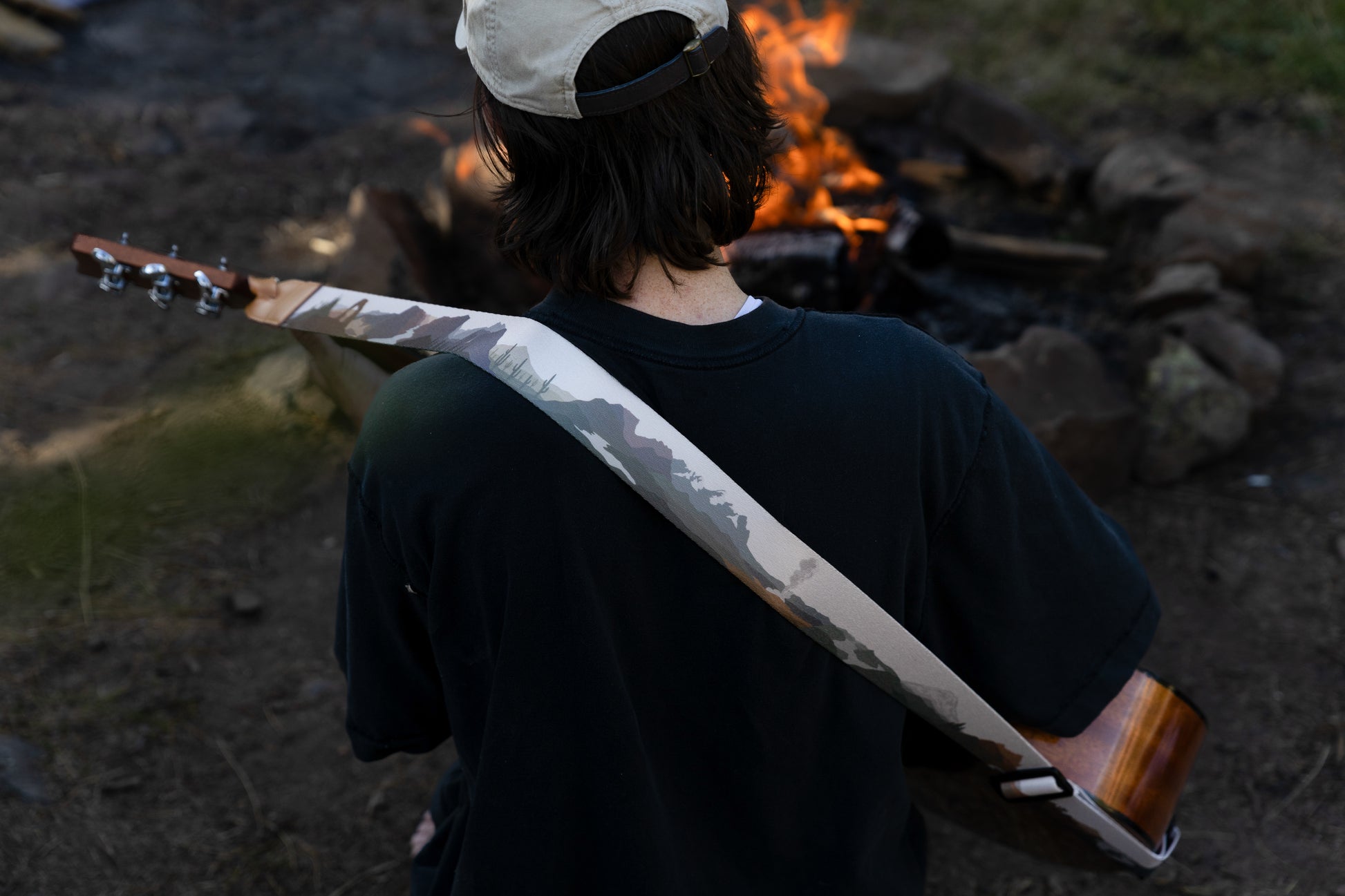 Parks in color guitar strap National Park design outside around a campfire playing guitar