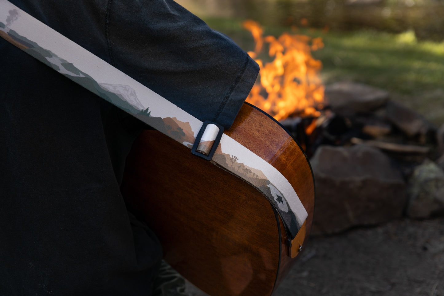 Parks in color guitar strap National Park design outside around a campfire playing guitar