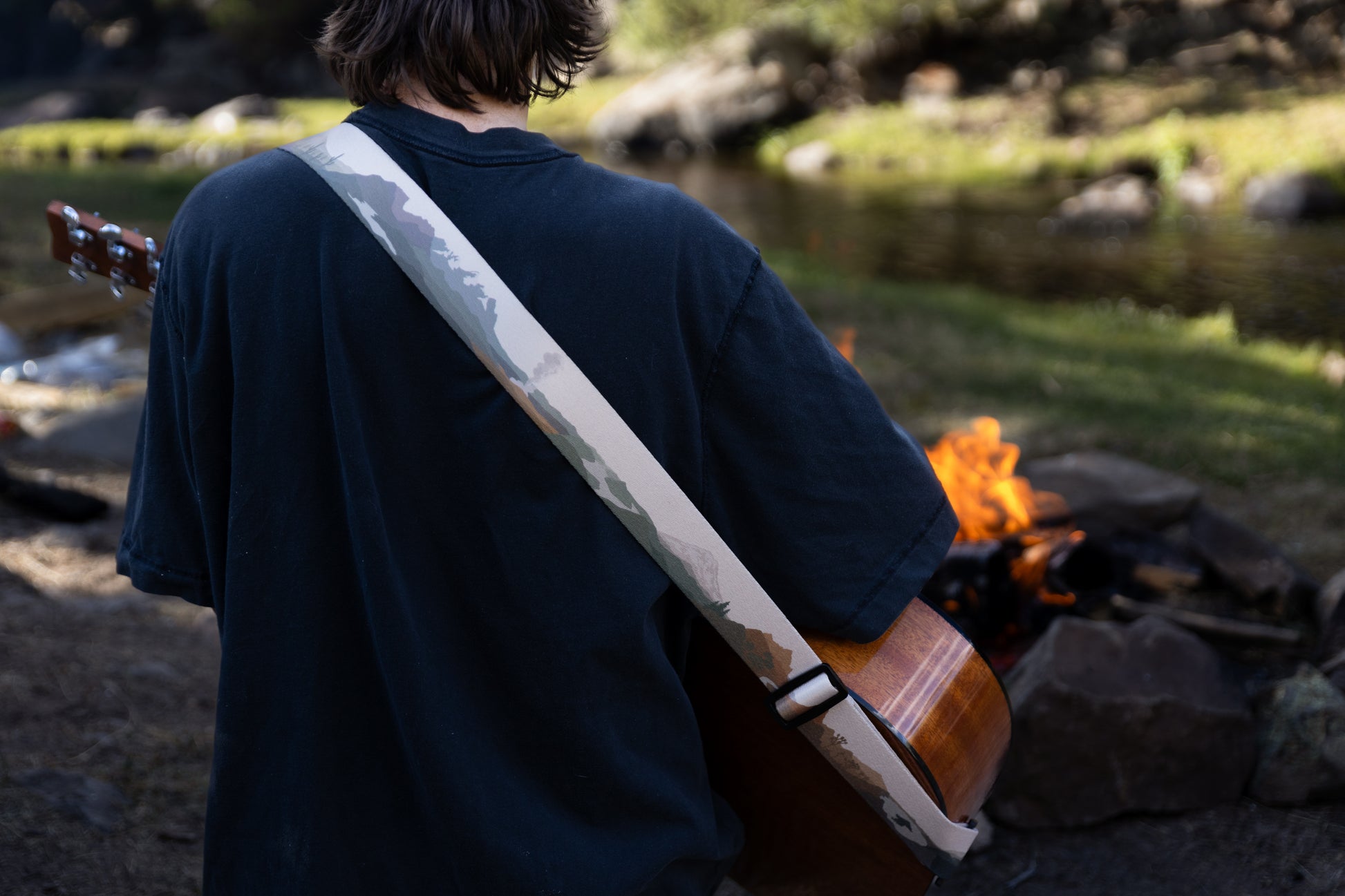 Parks in color guitar strap National Park design outside around a campfire playing guitar