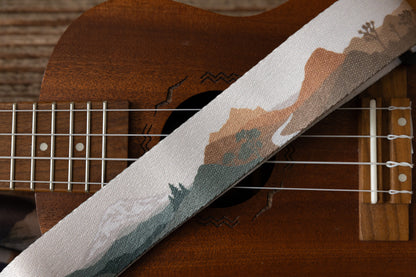 close up of Mount Rainer, and Zion national park design printed on ukulele strap