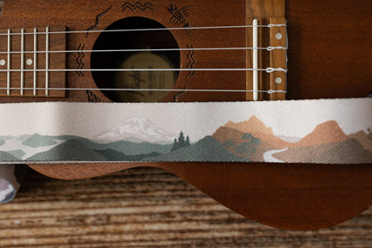 close up of mount rainier national park design printed on ukulele strap