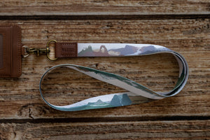High-quality Long Neck lanyard Featuring Popular US National parks with Vegan Brown Leather Ends. Great for ID badges, Keys, Wallets