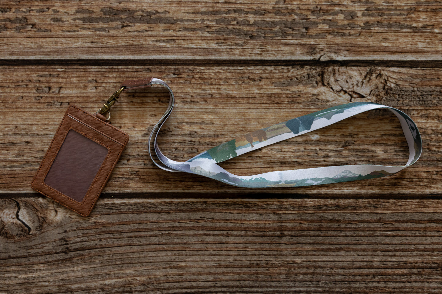 High-quality Long Neck lanyard Featuring Popular US National parks with Vegan Brown Leather Ends. Great for ID badges, Keys, Wallets