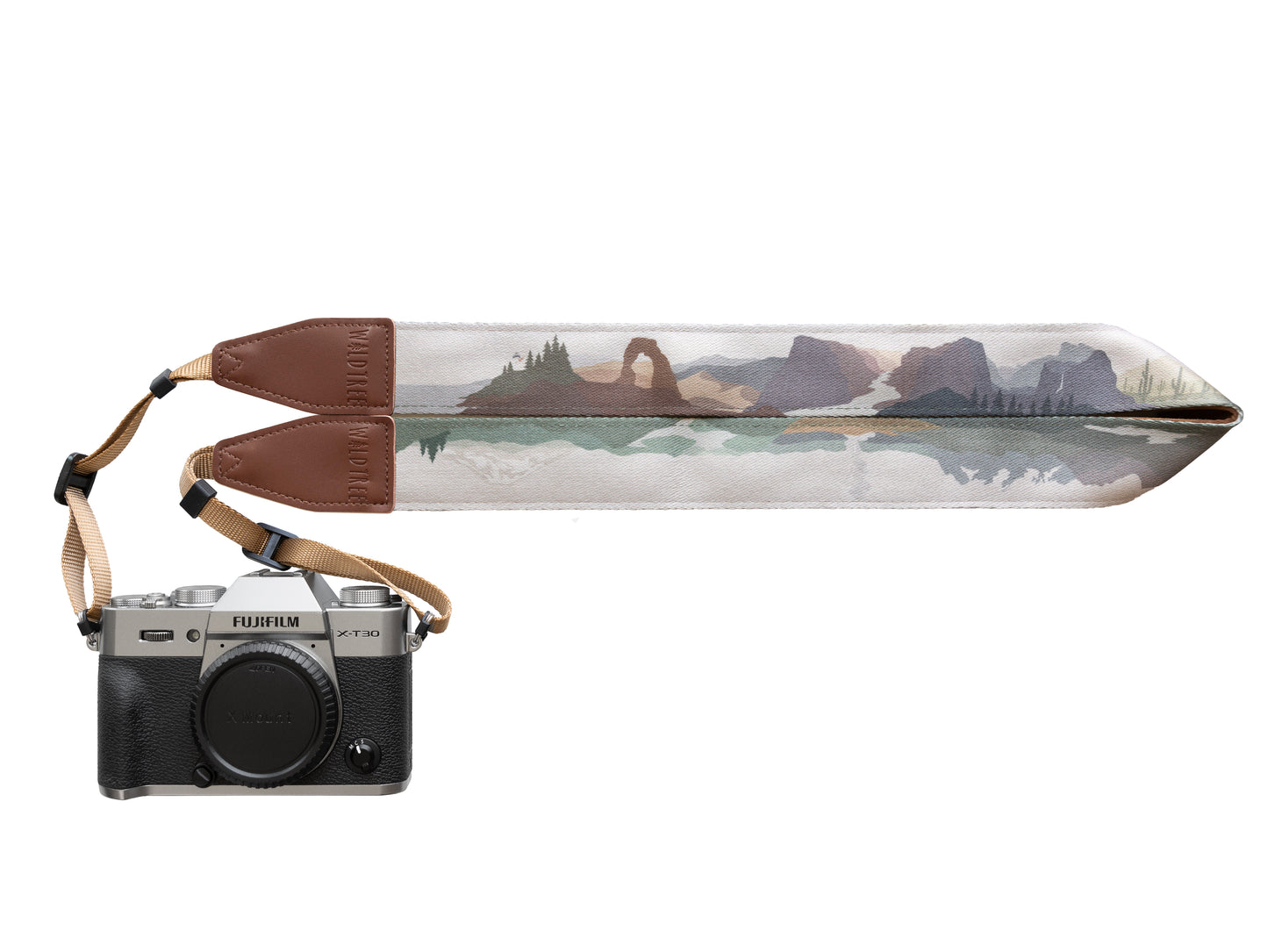 USA National parks camera strap by wildtree in color. features 11 national parks, brown leather ends and backing