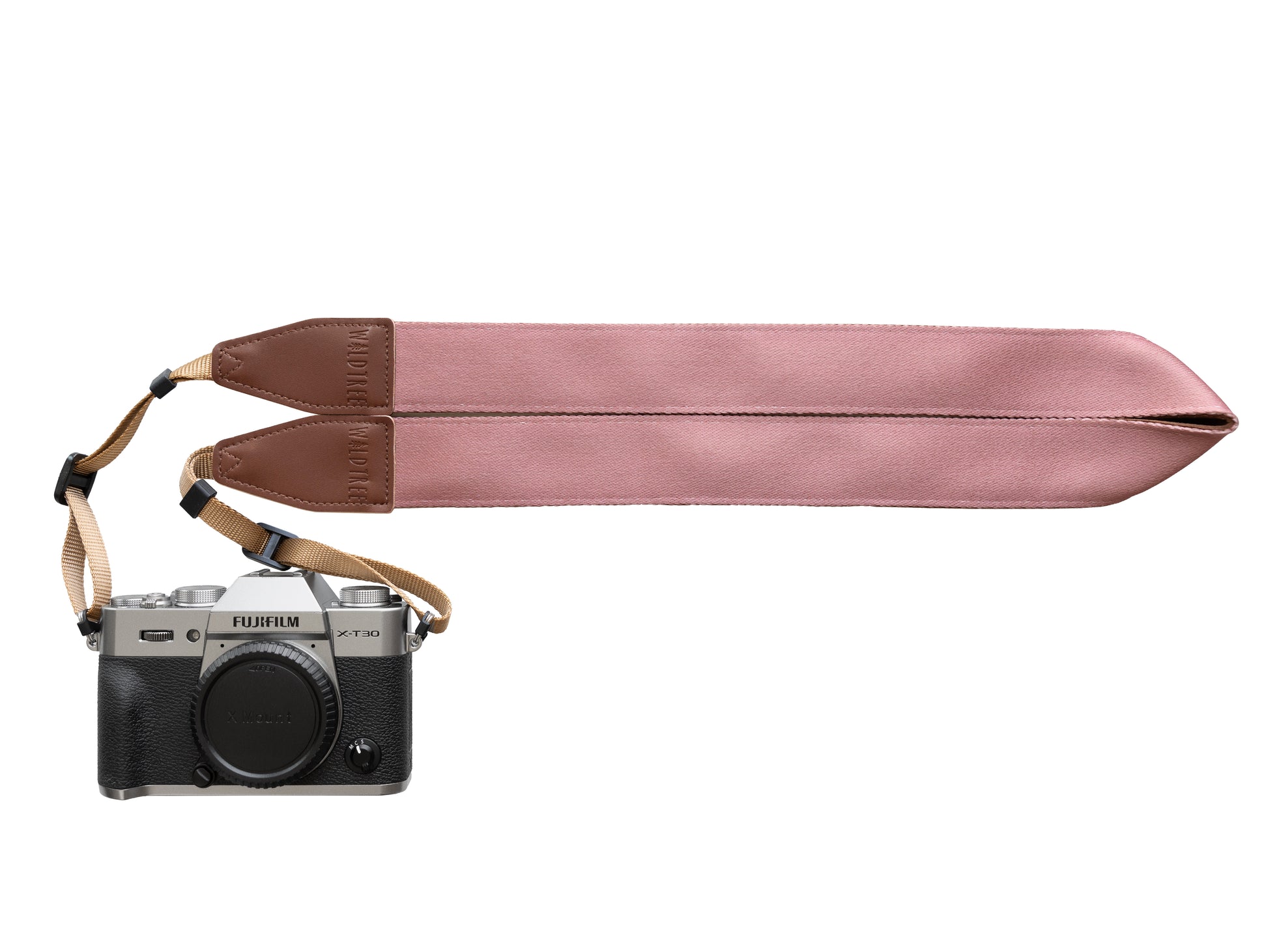 Pressed flower pink camera strap attached to Canon camera