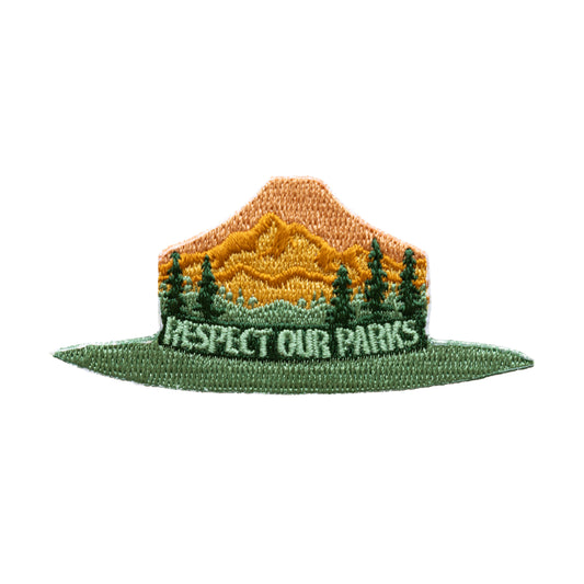 Respect our parks patch colors yellow and green on white background