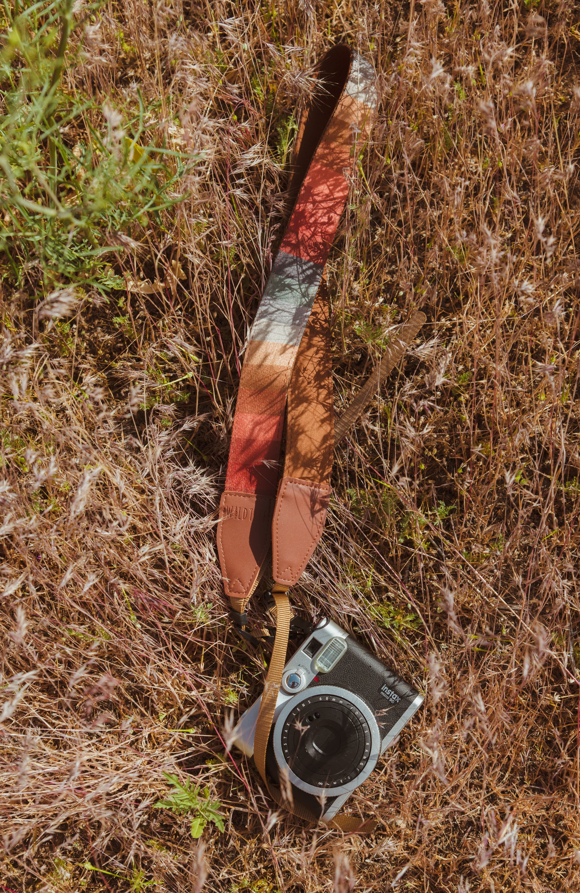 Retro striped camera strap laying in grass field