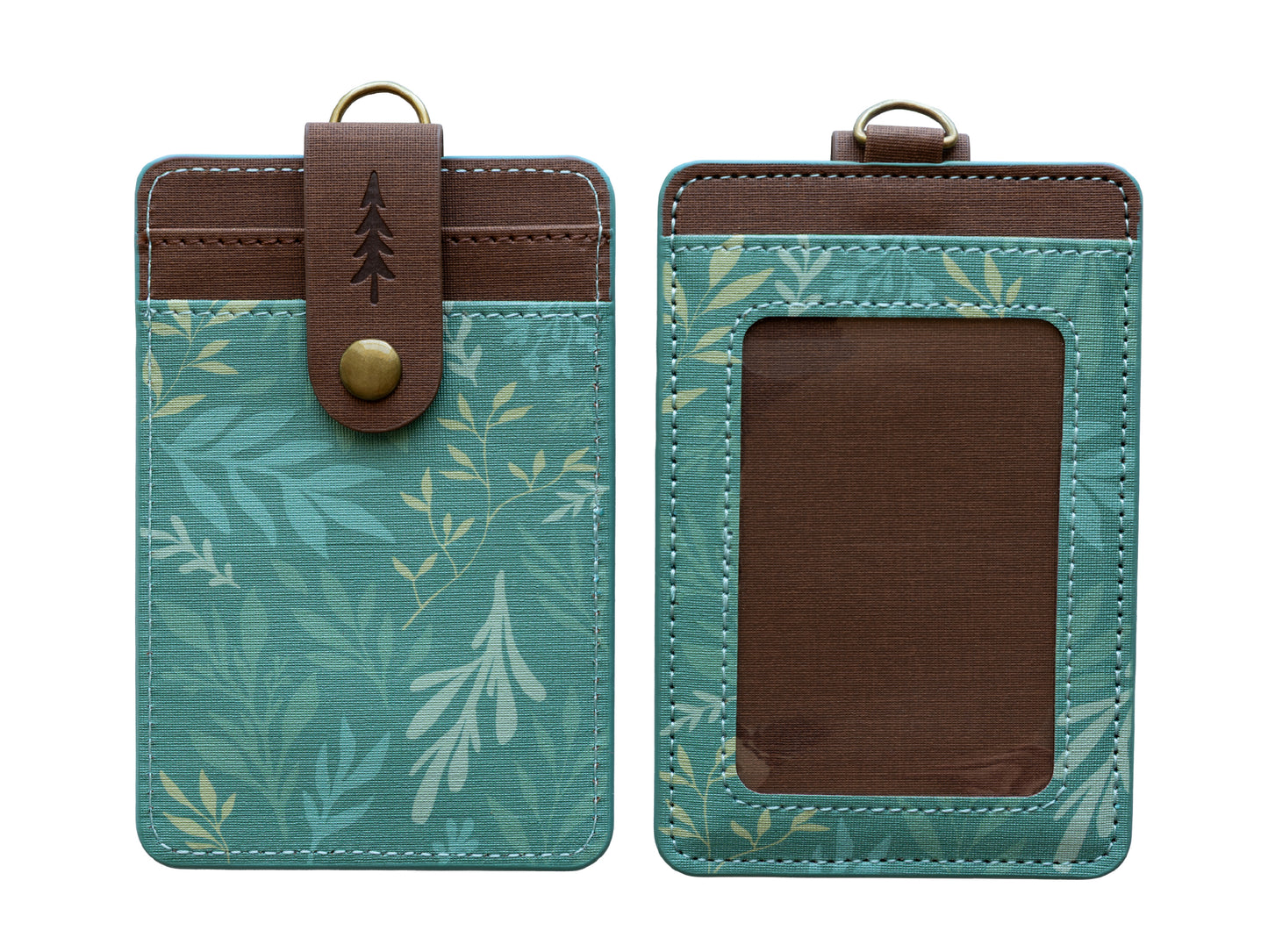 A studio product shot showing both the front and back of the green botanical ID holder isolated on a white background. It provides a clean, clear view of the clear ID window, back card slots, and pine tree snap closure.