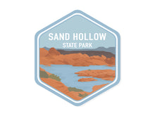Load image into Gallery viewer, Sand Hollow Southern Utah State Park Sticker Design Featuring Red rocks, mountains and a blue lake 
