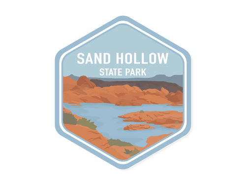 Sand Hollow Southern Utah State Park Sticker Design Featuring Red rocks, mountains and a blue lake 