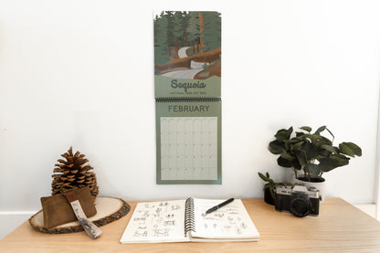 2025 calendar hanging on wall. Sequoia National park illustration for February