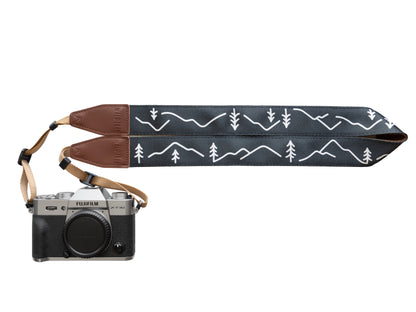 Wildtree Simple Mountain and tree Design Camera Strap dark blue and white with brown synthetic leather ends