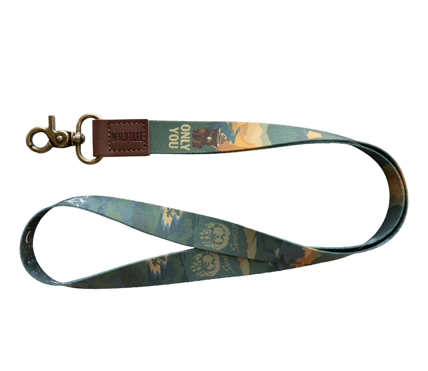 Product photography of the Smokey Bear lanyard on a plain white background, laid out to show the double-sided print.