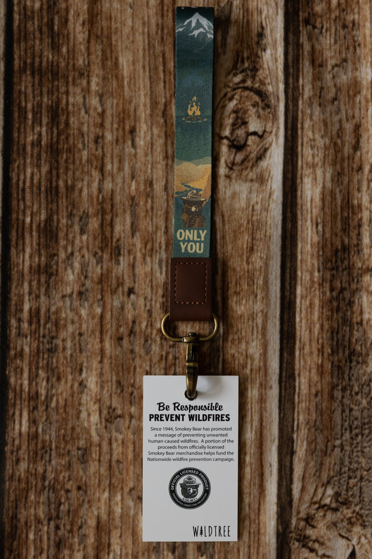 Smokey bear wristlet keychain printed with smokey bear, the words "Only you", Campfire, woods and mountains