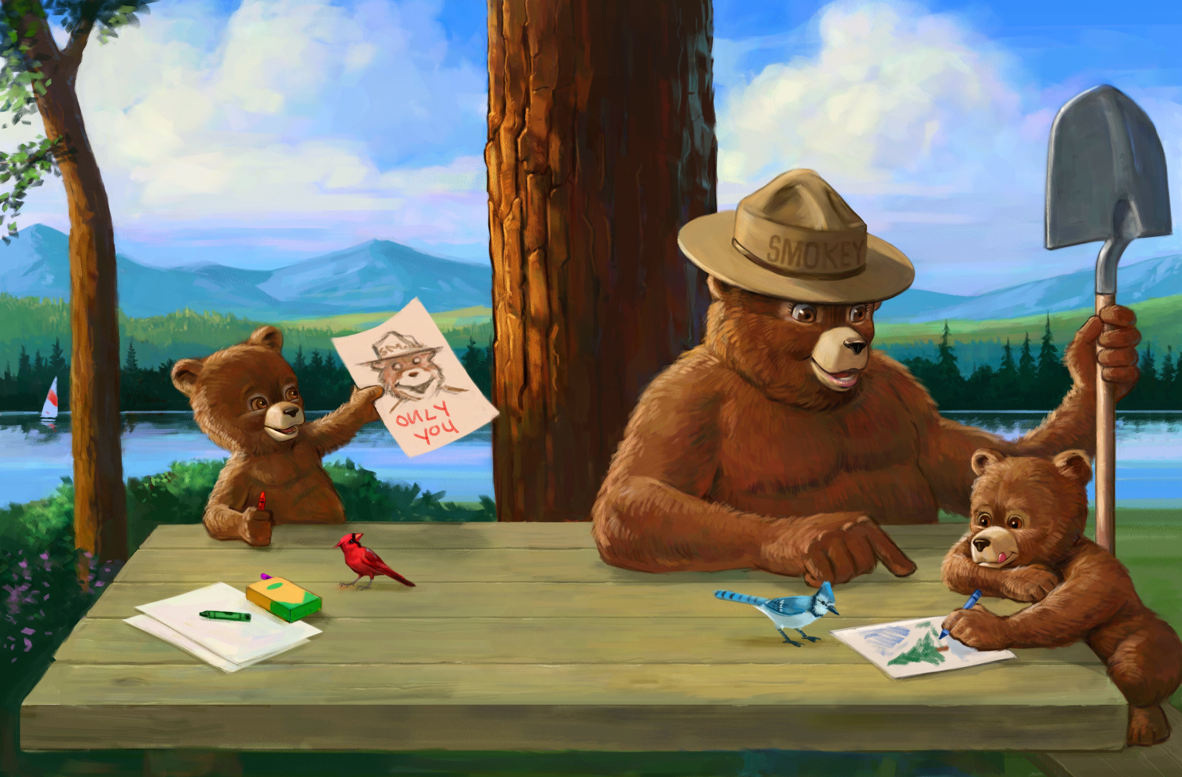 Smokey the bear coloring with cubs on a park bench 