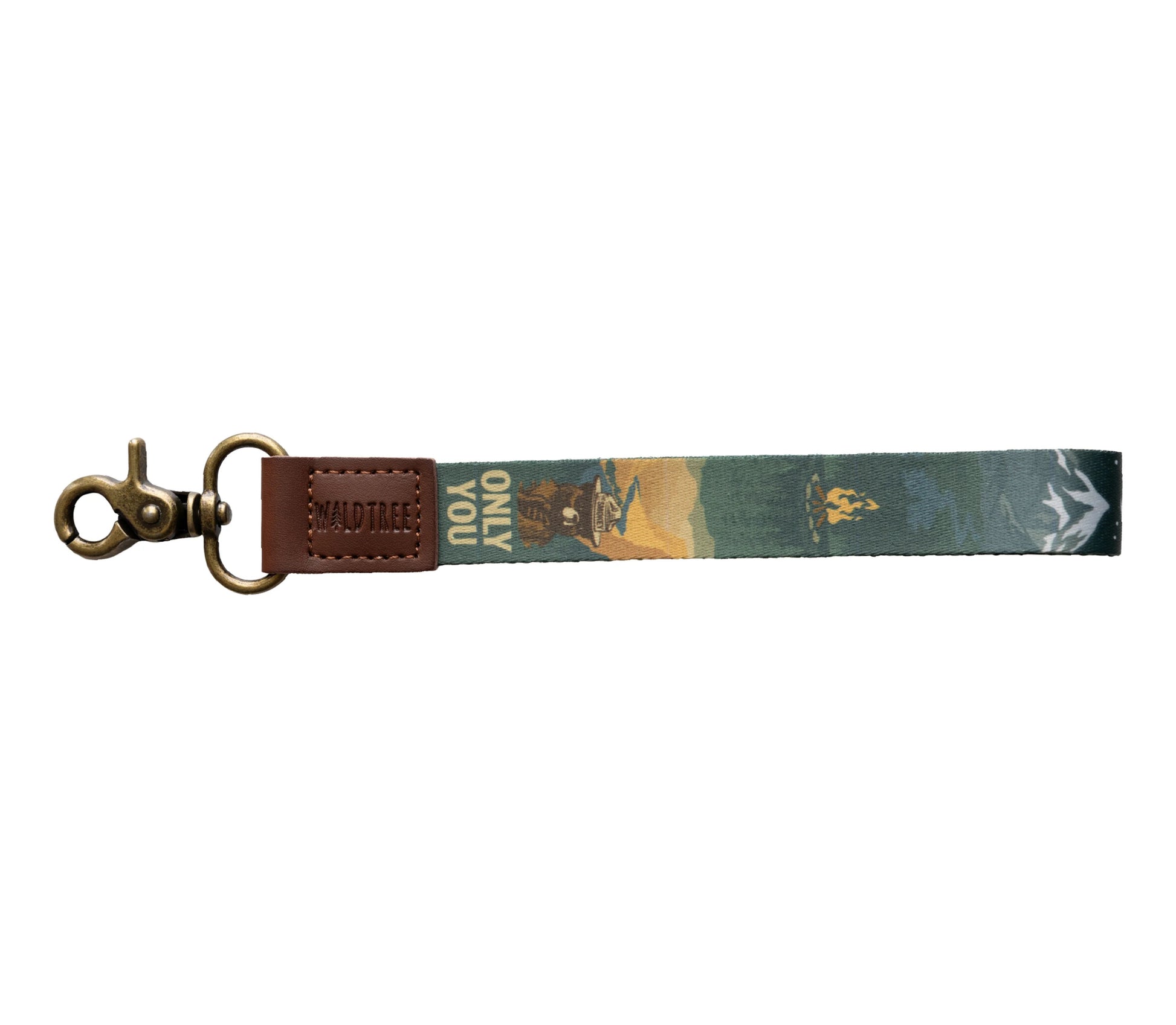 Smokey bear wristlet keychain printed with smokey bear, the words "Only you", Campfire, woods and mountains