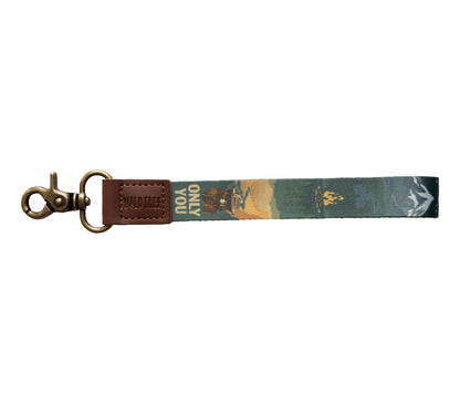 Smokey bear wristlet keychain printed with smokey bear, the words "Only you", Campfire, woods and mountains