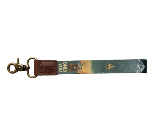 Smokey bear wristlet keychain printed with smokey bear, the words "Only you", Campfire, woods and mountains