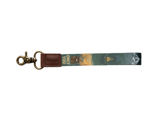 Smokey bear wristlet keychain printed with smokey bear, the words "Only you", Campfire, woods and mountains