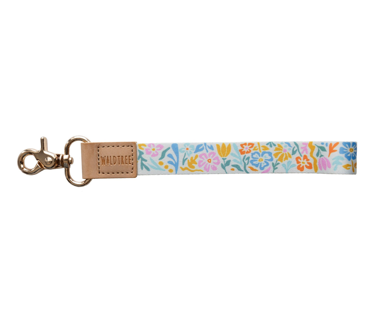Floral printed wristlet keychain with gold hardware hook. Bright colored flowers