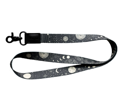 Black neck lanyard with Sun, moon, and stars pattern