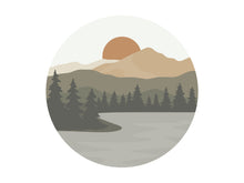 Load image into Gallery viewer, Wildtree Sunrise Lake Sticker featuring lake, mountains, trees and sun
