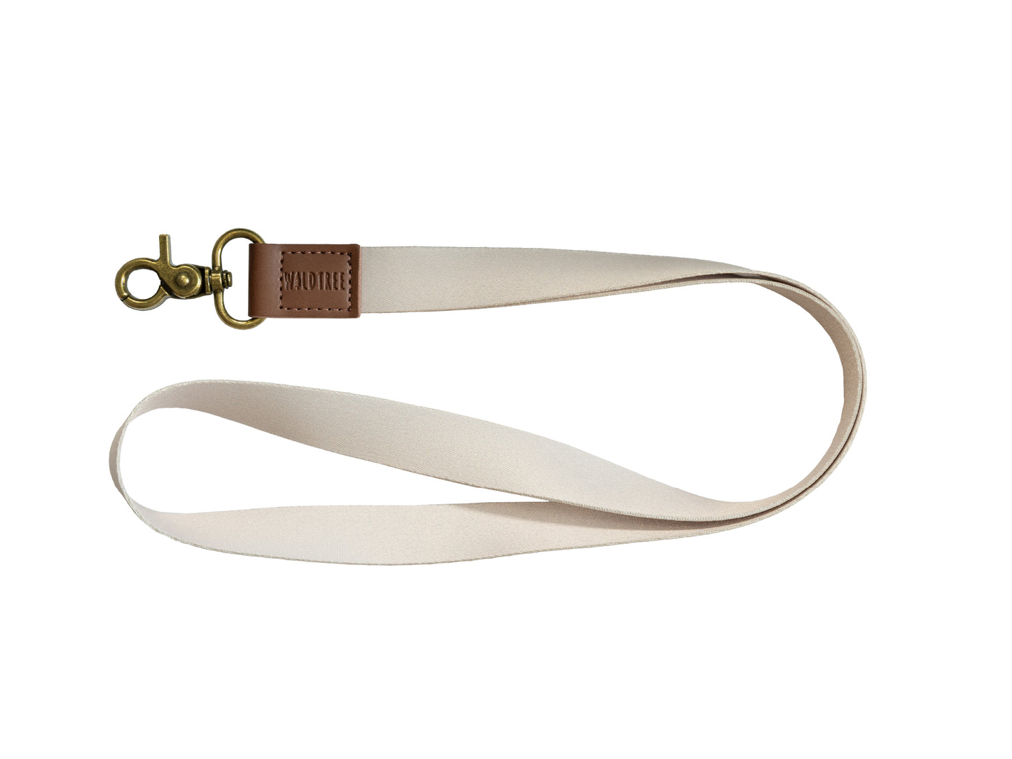 Tan Neck Lanyard laid flat on a white background, showing the cream strap, brown vegan leather patch, and bronze swivel hook