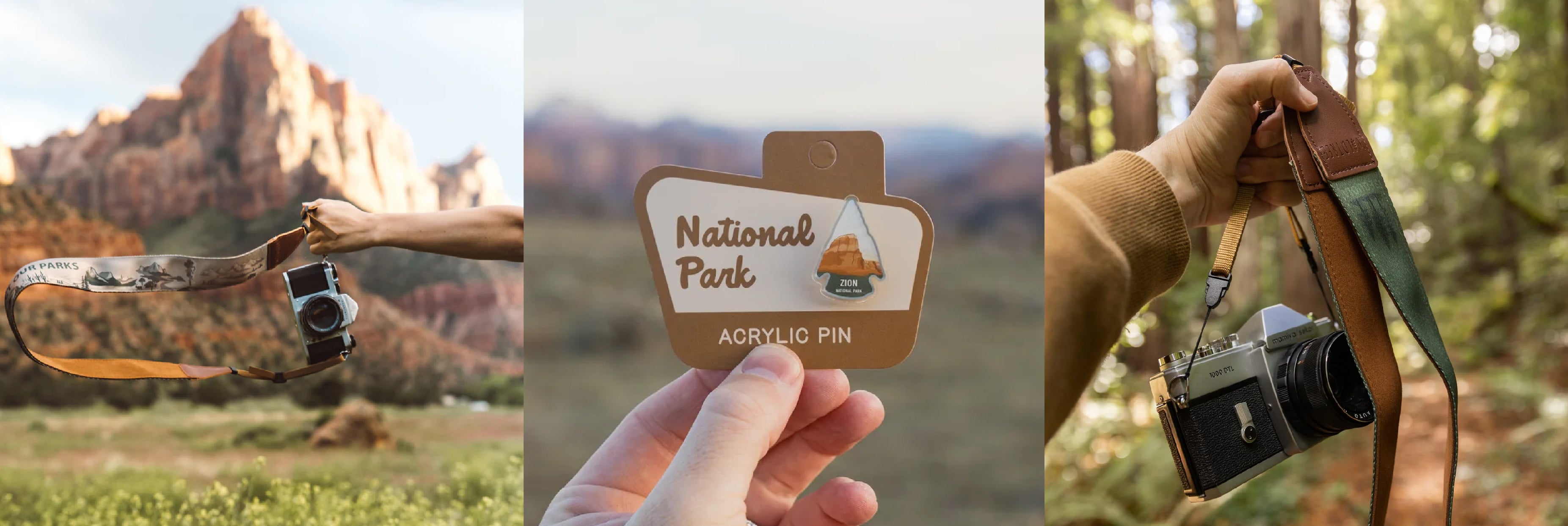 National Park explorer curated gift collection image banner showcasing national park camera strap and acrylic pin