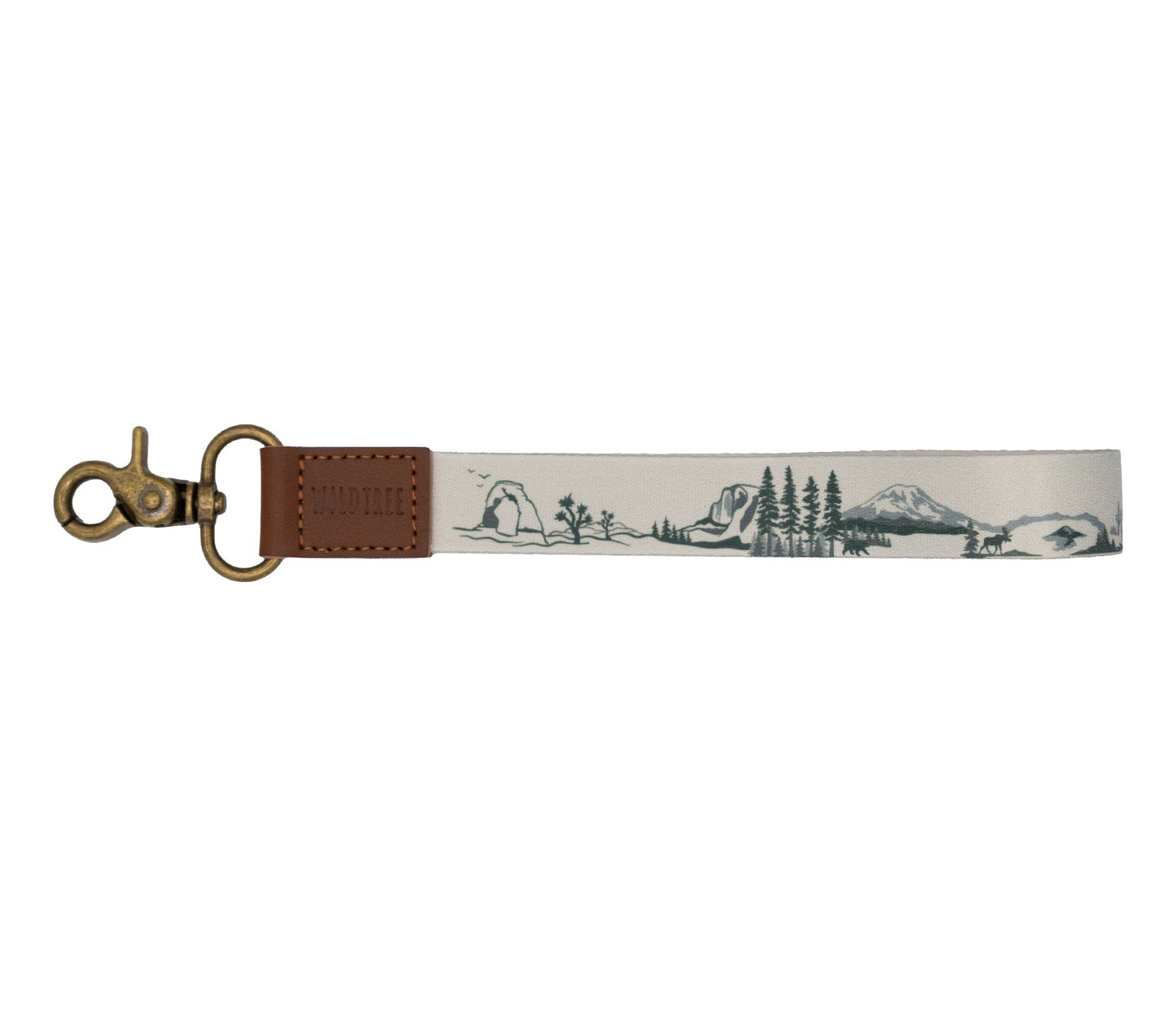 National park wristlet keychain. tan keychain, brown leather ends, bronze hook hardware. design features United states national park illustrations. 