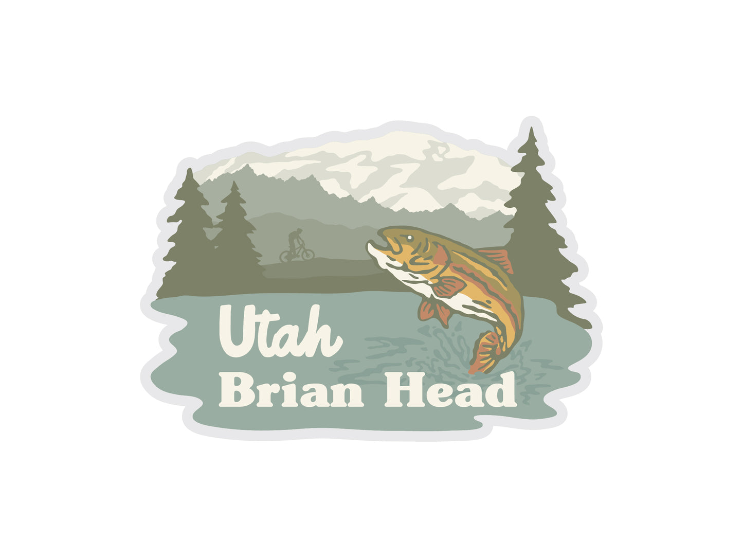 This sticker design for Brian Head, Utah features an outdoor scene with a rainbow trout jumping out of the water in the foreground. The background includes snow-capped mountains, pine trees, and a small silhouette of a person on a bicycle near the trees. The text "Utah Brian Head" is overlaying the water.