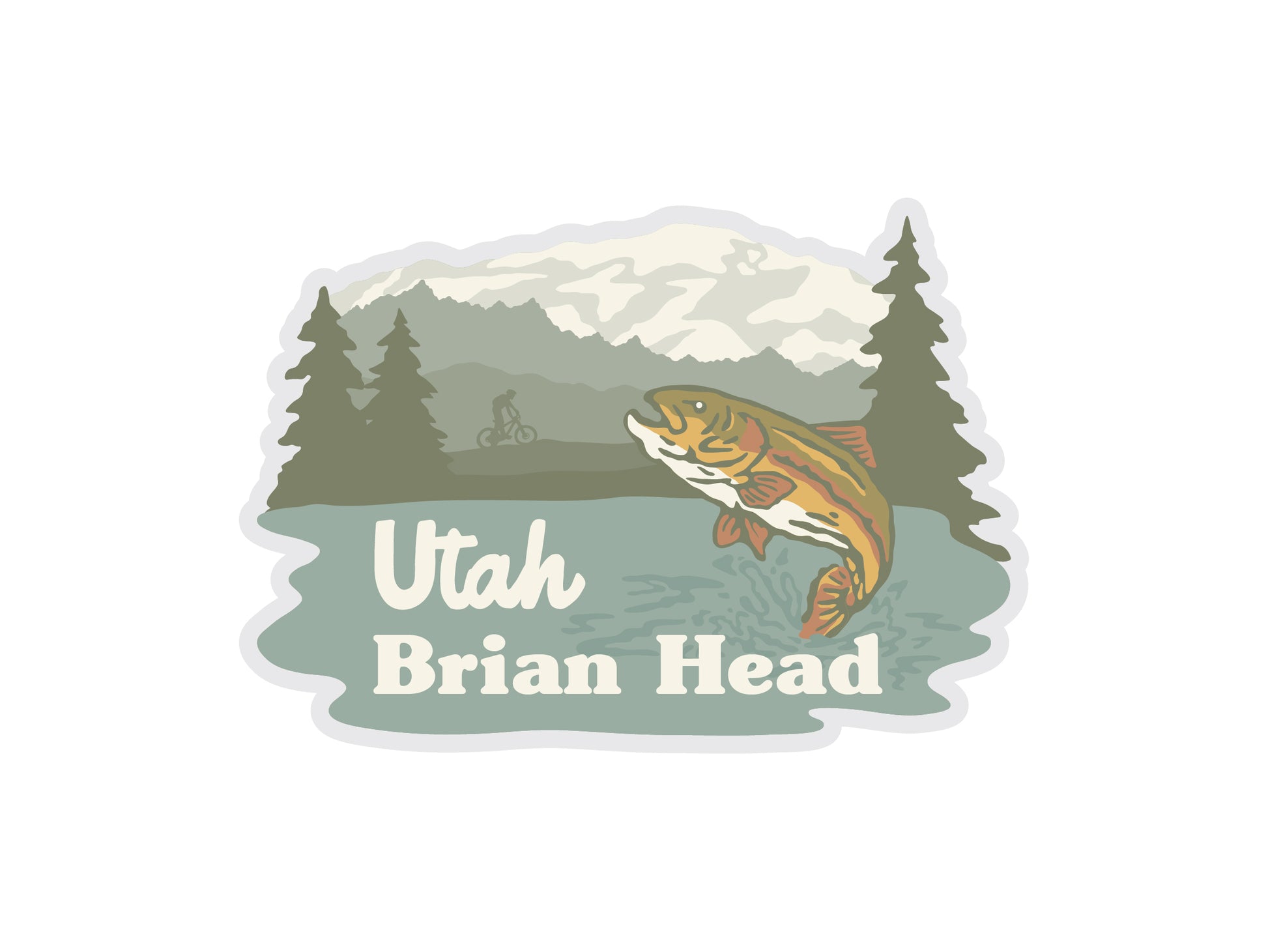This sticker design for Brian Head, Utah features an outdoor scene with a rainbow trout jumping out of the water in the foreground. The background includes snow-capped mountains, pine trees, and a small silhouette of a person on a bicycle near the trees. The text "Utah Brian Head" is overlaying the water.