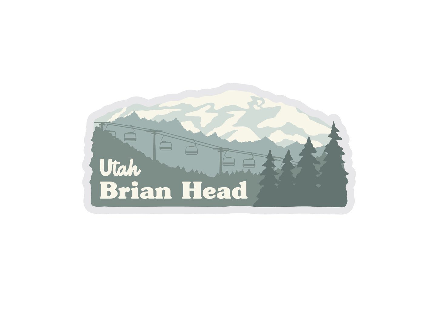 This is a sticker-style illustration for Brian Head, Utah. It features a layered, monochromatic landscape with snow-covered mountains in the background, a ski chair lift running across the middle ground, and silhouettes of pine trees. The text "Utah Brian Head" is prominently displayed in the lower portion of the design.