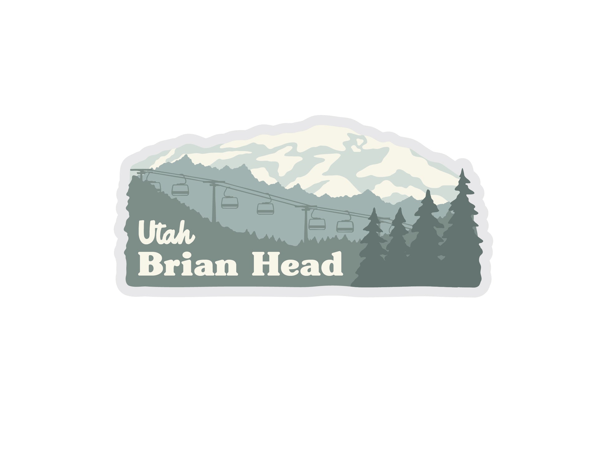 This is a sticker-style illustration for Brian Head, Utah. It features a layered, monochromatic landscape with snow-covered mountains in the background, a ski chair lift running across the middle ground, and silhouettes of pine trees. The text "Utah Brian Head" is prominently displayed in the lower portion of the design.